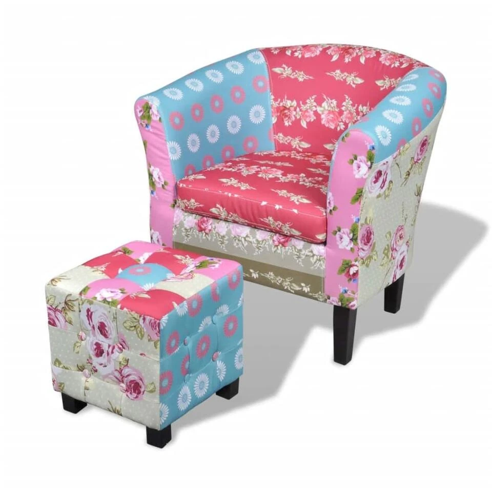 VidaXL Fauteuil Met Voetenbankje Patchwork Ontwerp Stof 1 VidaXL Fauteuil Met Voetenbankje Patchwork Ontwerp Stof