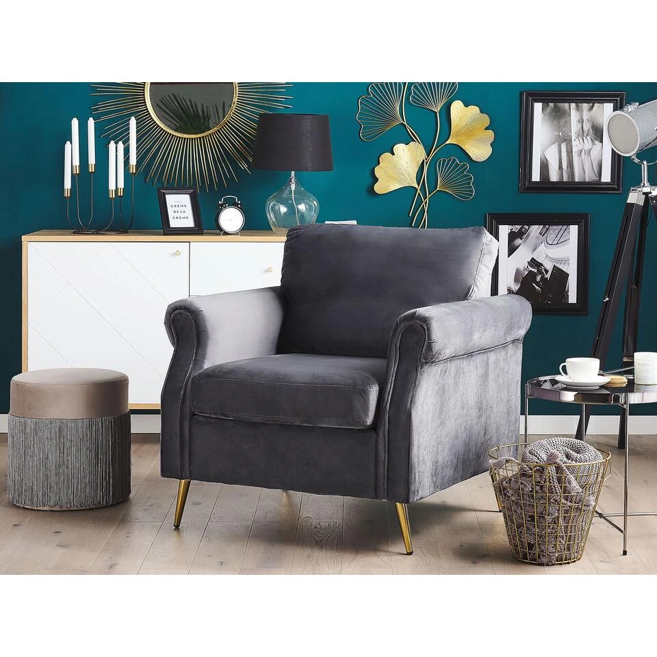 Beliani Fauteuil VIETAS - Grijs Fluweel 2 Beliani Fauteuil VIETAS - Grijs Fluweel - Afbeelding 2